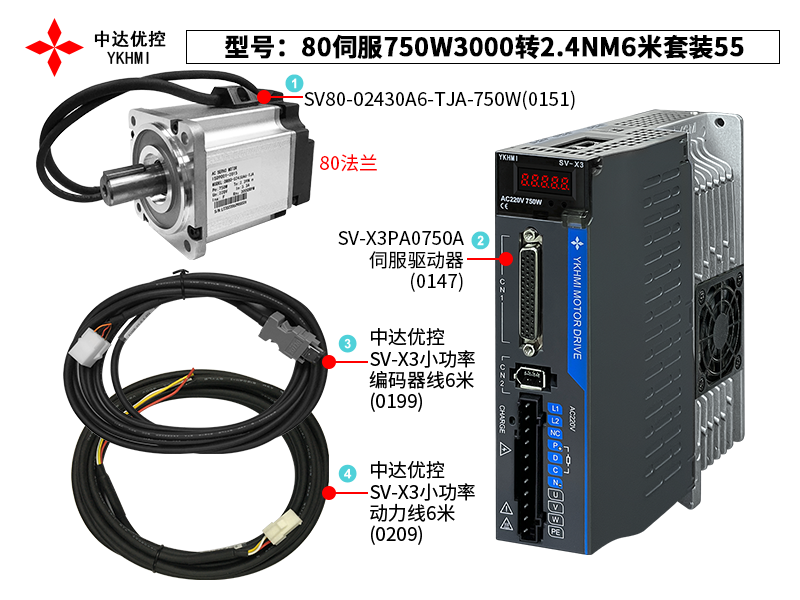 80伺服750W3000轉(zhuǎn)2.4NM6米套裝55