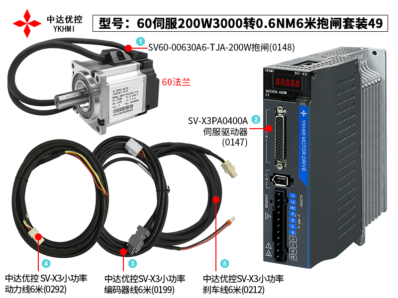 60伺服200W3000轉(zhuǎn)0.6NM6米抱閘套裝49