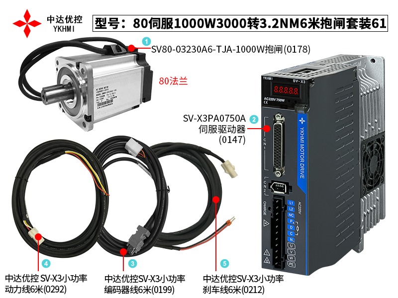 80伺服1000W3000轉(zhuǎn)3.2NM6米抱閘套裝61