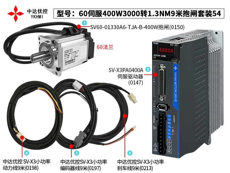 60伺服400W3000轉(zhuǎn)1.3NM9米抱閘套裝54