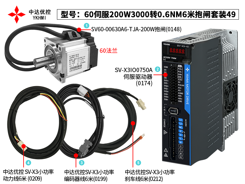 60伺服200W3000轉(zhuǎn)0.6NM6米抱閘套裝49(0174)