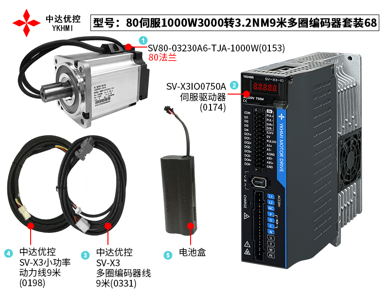 80伺服1000W3000轉(zhuǎn)3.2NM9米多圈編碼器套裝68(0174)